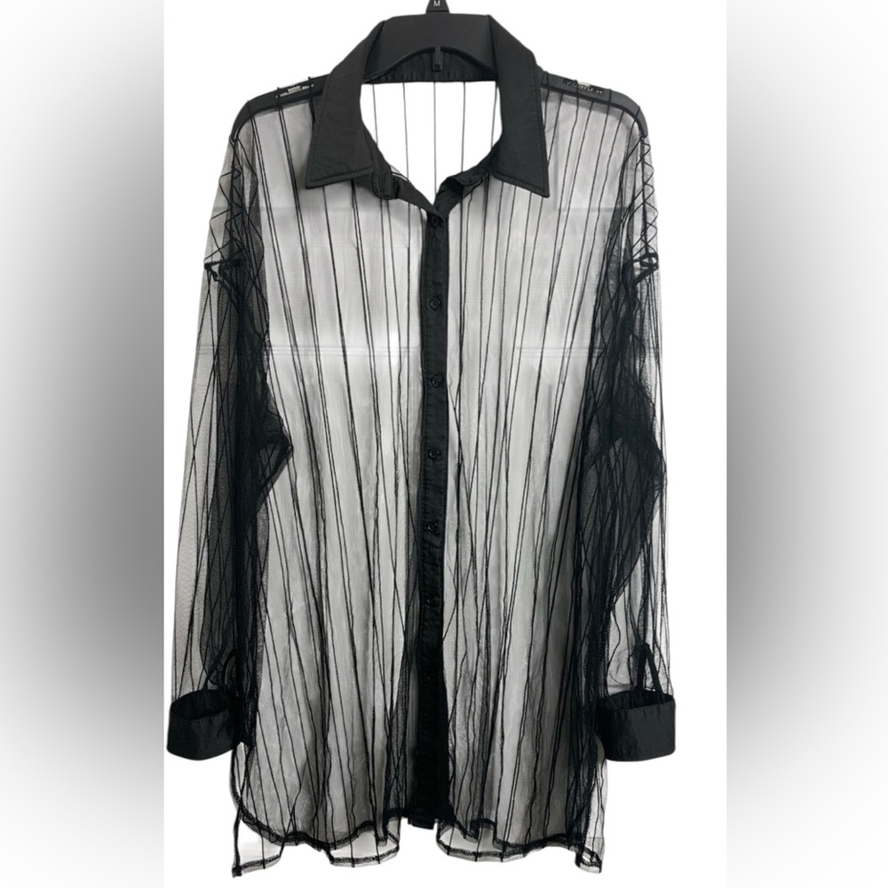 Womens Sheer Black‎ Lightweight Striped Button-Up Blouse